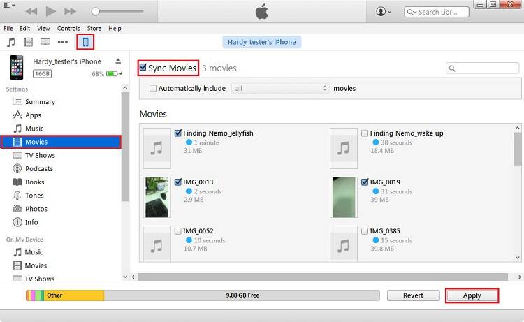 Зробіть додаткові дії, щоб вибрати відео, яке потрібно передати, а потім натисніть кнопку Застосувати , що є останнім кроком, який потрібно зробити, щоб перенести відео з комп'ютера на iPhone