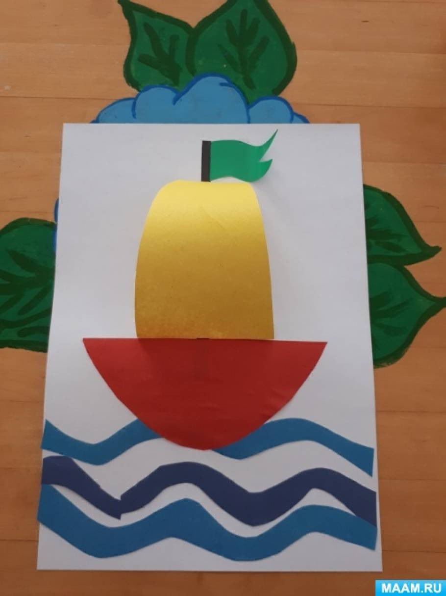 Об'ємна аплікація з кольорового паперу для дітей раннього віку «Пливе кораблик по хвилях»