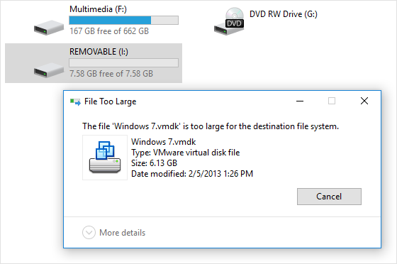 При спробі скопіювати будь-який файл розміром більше 4 гб ви побачите наступну помилку: «Файл занадто великий для кінцевої файлової системи»